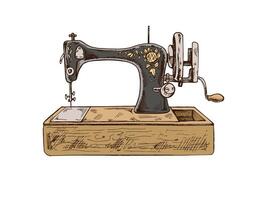 Hand-drawn colored sketch of vintage sewing machine. Handmade, sewing equipment concept in vintage doodle style. Engraving style. vector