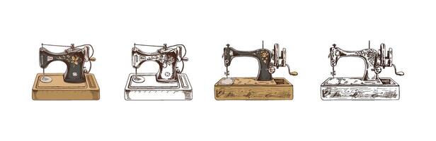 Hand-drawn colored and monochrome  sketches of vintage sewing machines. Handmade, sewing equipment concept in vintage doodle style. Engraving style. vector