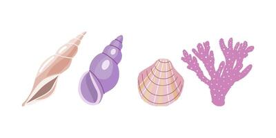 Sea shells vector set, mollusks, corals. Flat illustration of various seashells on white background. Collection for stickers.