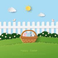 Happy Easter greeting card on paper cut and craft style vector