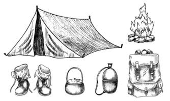 Camping equipment - tent, fire, backpack, flask and boots. Vector illustration of objects for hiking and traveling in a forest painted by black inks in linear style. Etching with adventure elements