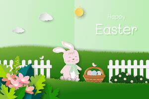 Happy Easter background with cute bunny and easter eggs in the garden vector