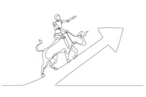 Robot riding a bull in motion, moving upwards along the direction of a large arrow. Symbolizes upward progress or positive momentum vector