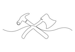 Continuous single line drawing of lumberjack axe with hammer crossed vector illustration