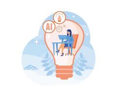 Content creation, creative person concept. Woman developer or Designer sitting in lightbulb with laptop and works on creative project. flat vector modern illustration