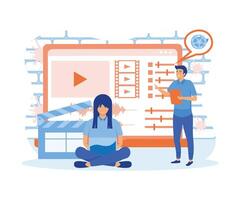 Video editor studio. Video maker online course. Tiny people footage editing and making multimedia content production in laptop app. flat vector modern illustration