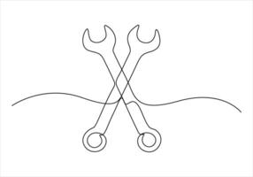 Continuous one line drawing of repair icon. Two crossed wrenches. Auto mechanic car repair shop logo with wings. Vector illustration