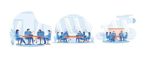 Business Meeting concept. People congratulating colleague with business achievements. Group of business people having a meeting around a conference table. Set flat vector modern illustration