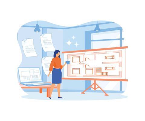 Architect female concept. Professional construction plan development job as technical occupation. Woman workplace with draft sketch. flat vector modern illustration
