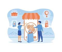 Internet digital store scene with woman on shopping. fast online delivery service. Hands holding a package box with groceries out of mobile screen. flat vector modern illustration