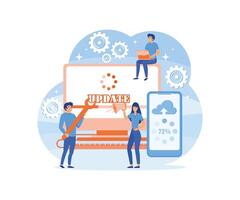 System updates with people updating operation in computing and installation programs. flat vector modern illustration