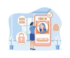 Face recognition and data safety. mobile phone users getting access to data after biometrical checking. flat vector modern illustration