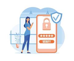 mujer utilizando seguridad otp uno hora contraseña verificación para móvil aplicación en teléfono inteligente pantalla. plano vector moderno ilustración