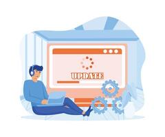 System update. The programmer behind the computer screen. New Version software. Installing update process. flat vector modern illustration