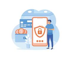 Mobile Data Protection Concept with Guard Character Protect Smartphone With Lock On Screen. Internet Security Service For Information Privacy, Secure Payment. flat vector modern illustration