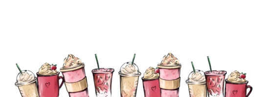 Summer drinks iced coffee latte cappuccino smoothie berries syrup banner border frame illustration, cream, to go, cup, mug, pink color, berries png