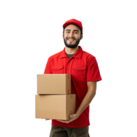 ai gegenereerd postbode Holding stack van pakket met rood uniform png