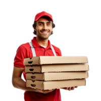 ai gerado entregador entregando uma pilha do pizza png
