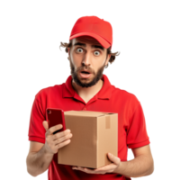 AI generated A Delivery Worker Confused Holding a Package and a Phone png