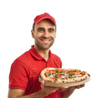 ai gerado uma homem segurando uma fresco pizza com sorrir em dele face png