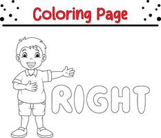 Coloring page little boy pointing his right with right word vector