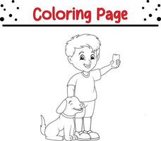 Coloring page little boy holding phone with his pet dog vector