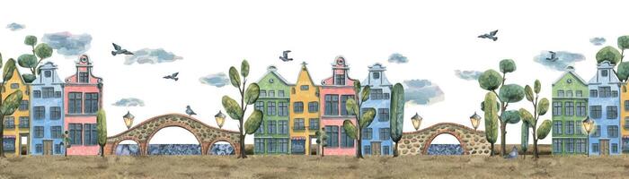 Watercolor illustration of a set of cute old town houses. European multicolored houses, bridges, cartoon trees, street lamp, pigeons, clouds. For the design of postcards, posters, banners, website vector