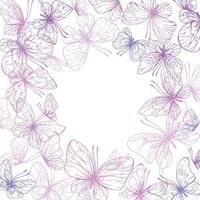 Butterflies are pink, blue, lilac, flying, delicate line art. Graphic illustration hand drawn in pink, lilac ink. Square frame, template EPS vector. vector