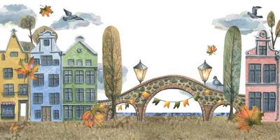 antiguo europeo casas son vistoso, con otoño arboles y hojas, Roca puentes y linternas mano dibujado acuarela ilustración. el escena, modelo es aislado desde el antecedentes. vector