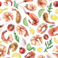 Various boiled shrimp with arugula, lemon, lime, cherry tomatoes, eggs. Watercolor illustration. Seamless pattern on a white background from the Shrimp collection. For the design and design. vector