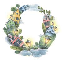 Cute European houses in the clouds with trees and lanterns. Round frame. Watercolor illustration. For registration and design of tourist booklets, invitations, advertisements, certificates. vector