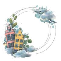 Round frame with cute European houses, clouds, trees and pigeons. Watercolor illustration. For the design and decoration of tourist stickers, postcards, booklets, advertisements, certificates, tickets vector