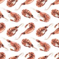 Boiled shrimp unpeeled different. Watercolor illustration. Seamless pattern on a white background from the SHRIMP collection. For the design and design of menus, recipes, packaging, shops, cafes. vector