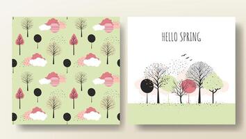 Set of spring cards with fairy trees and seamless pattern. Cartoon fantasy trees composition, template. vector