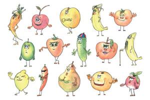 Illustration with colored pencils set of various fruits, vegetables and berries cartoon. Graphic drawing, children s. For children s printing, textiles. vector