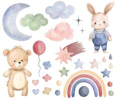 Watercolor teddy bear, bunny. Set of vector hand drawn nursery elements, clouds, rainbow, stars, stickers