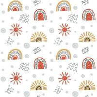 Cute simple pattern with nursery doodle elements. Seamless background with rainbow and sun. vector