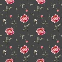 Seamless pattern with watercolor peonies on dark background. Watercolor botanical vector background