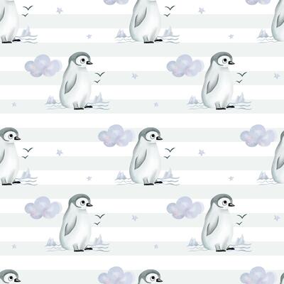 Seamless pattern with watercolor penguin. Cute childish wallpaper. Polar animals background