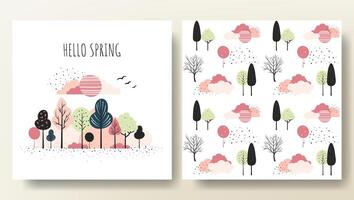 Set of spring cards with fairy trees and seamless pattern. Cartoon fantasy trees composition, frame. vector