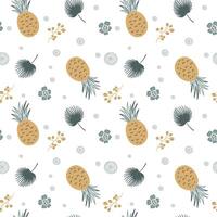 Seamless background with sketch pineapple and palm leaf. Cute simple pattern with tropical doodle elements. vector