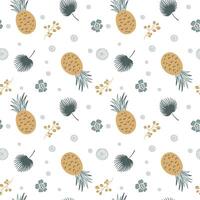 Seamless background with sketch pineapple and palm leaf. Cute simple pattern with tropical doodle elements. vector