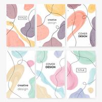 Set of abstract backgrounds in pastel colors. Hand drawn doodle various shapes with text. Modern trendy vector cards.