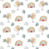 Seamless pattern with birds and rainbow. Cute simple background with childish doodle elements. vector