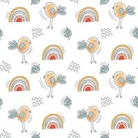 Seamless pattern with birds and rainbow. Cute simple background with childish doodle elements. vector