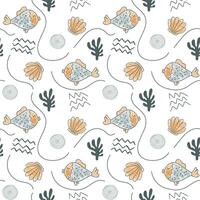 Cute simple pattern with sea doodle elements. Seamless background monochrome fish and seashells. vector