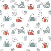 Cute simple pattern with nursery doodle elements. Seamless background with mountains and rainbow. vector