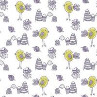 Cute simple pattern with doodle elements. Childish background with monochrome birds and mountains. vector