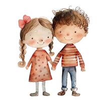 Vector cute watercolor illustrations of boy and girl holding hands. Watercolor children
