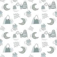 Cute simple pattern with nursery doodle elements. Seamless background with mountains and moon. vector